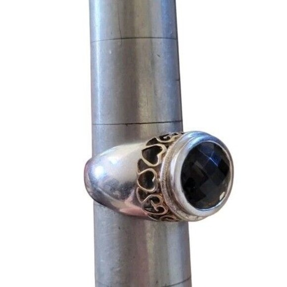 925 Sterling Silver 2-Tone Ring Large Faceted Smoky Topaz Gold Plated hearts 8 - Picture 12 of 14